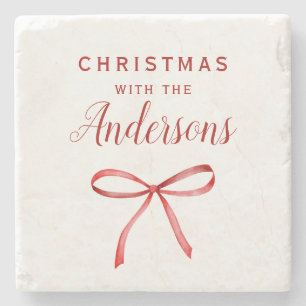 Christmas red bow monogram Stone Coaster