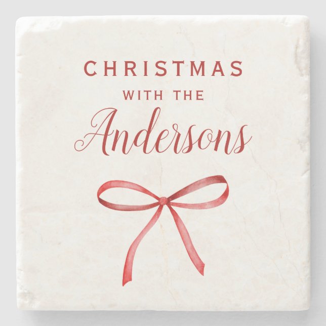 Christmas red bow monogram Stone Coaster (Front)