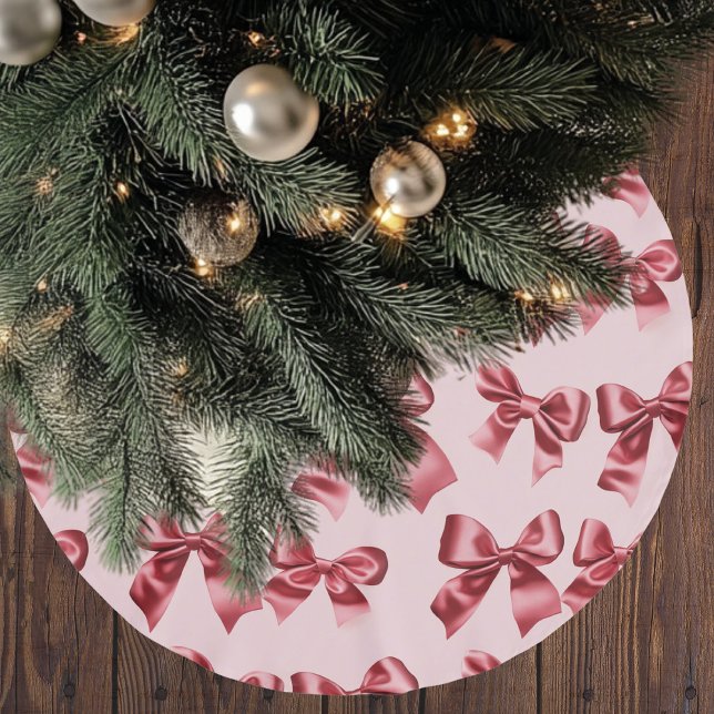 Christmas Red Bow on Pink Background  Brushed Polyester Tree Skirt (Creator Uploaded)