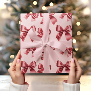 Christmas Red Bow on Pink Background  Wrapping Paper
