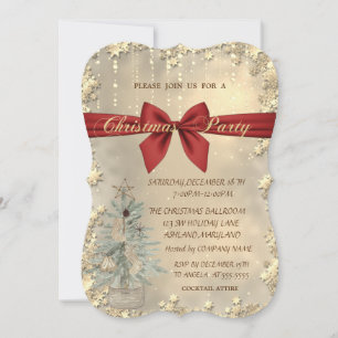Christmas Red Bow,Watercolor Pine Tree,Gold Stars Invitation