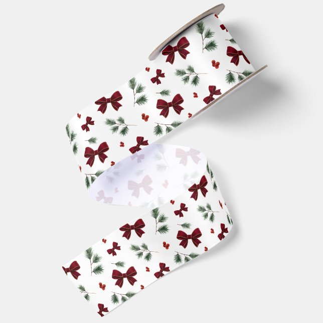 Christmas Red Bow Winter Greenery Satin Ribbon (Front+Back)