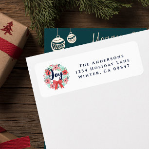 Christmas Red Bow Wreath Blue Joy Address Label