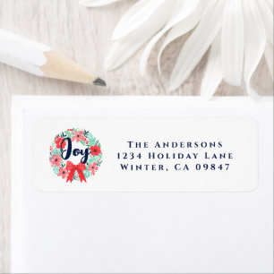 Christmas Red Bow Wreath Blue Joy Address Label