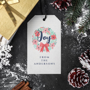 Christmas Red Bow Wreath Blue Joy Gift Tag