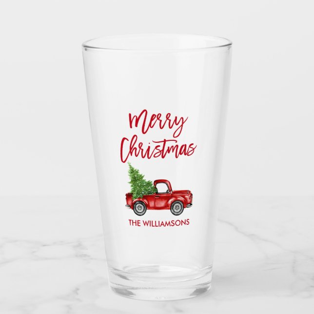 Christmas Red Brush Script Vintage Truck Glass (Front)