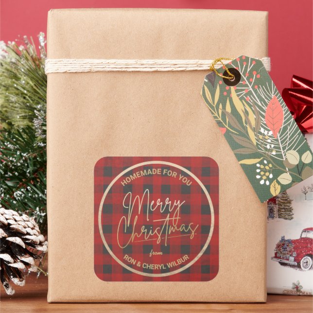 Christmas Red Buffalo Plaid Homemade Square Sticker (Holiday)