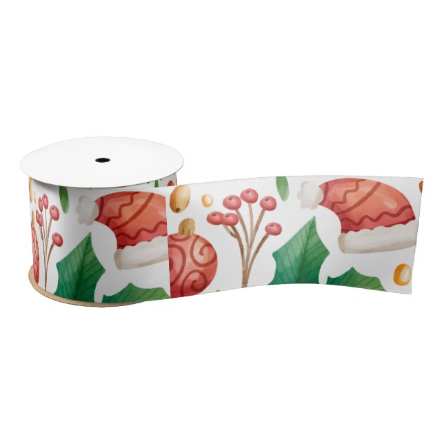 Christmas Red Bulbs, Poinsettia Parts and Nuts Satin Ribbon (Spool)