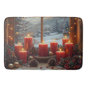 Christmas Red Candles Pine Cones Winter View  Bath Mat