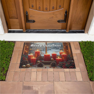 Christmas Red Candles Pine Cones Winter View  Doormat