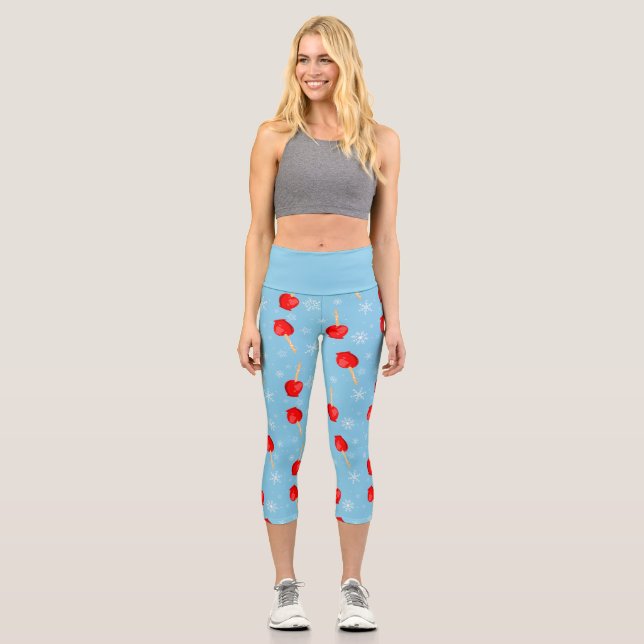 christmas red candy apples blue  capri leggings (Front)
