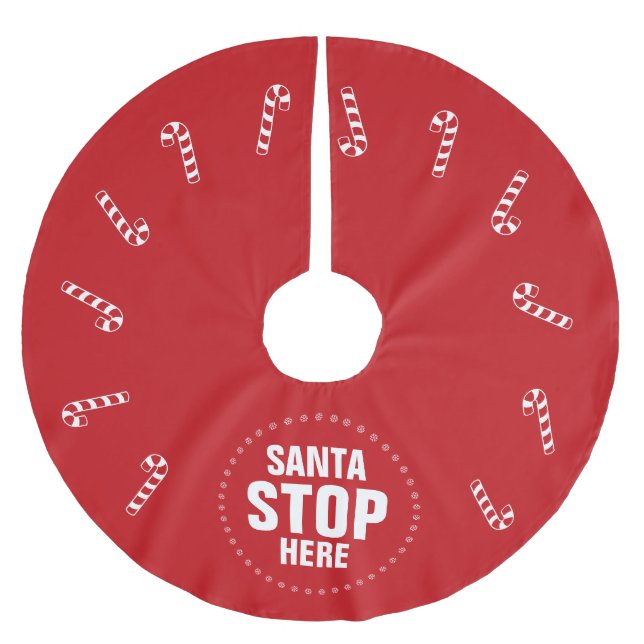 Christmas red candy cane Santa Stop Here funny Brushed Polyester Tree Skirt (Front)
