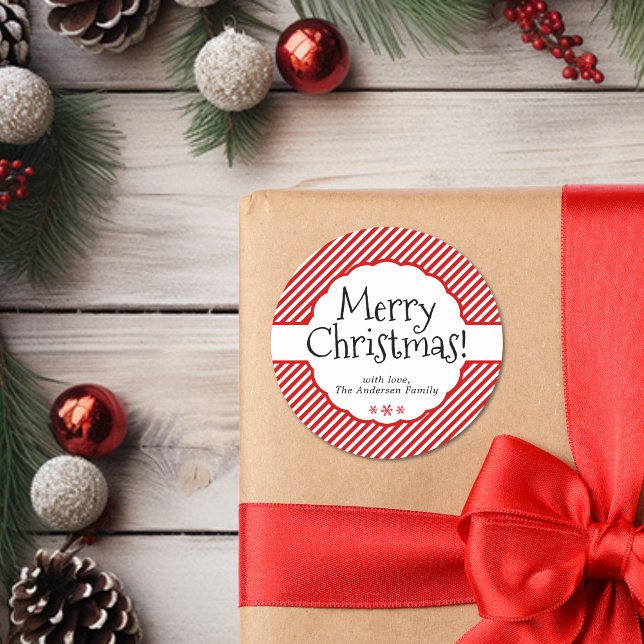 Christmas Red Candy Cane Stripe Holiday Scalloped  Classic Round Sticker (Modern Minimal Red Stripes Typography Scalloped Classic Round Sticker)