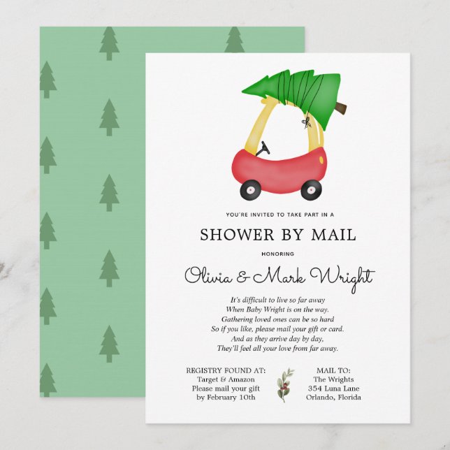 Christmas Red Car Baby Shower by Mail Invitation (Front/Back)