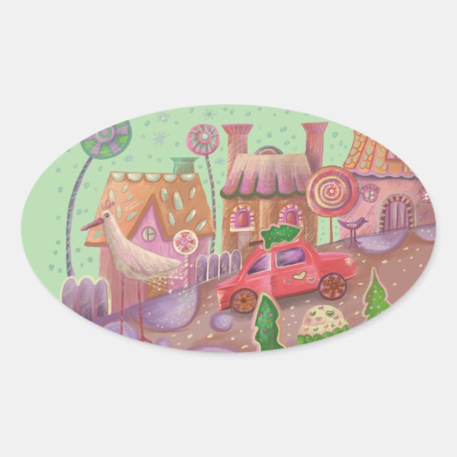 christmas  red car  oval sticker (Front)