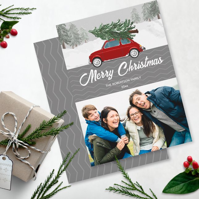Christmas Red Car Truck Gray Chevron Holiday Card (Creator Uploaded)