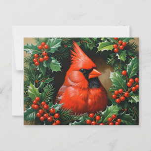 Christmas Red Cardinal and Holly Berry Wreath  Postcard