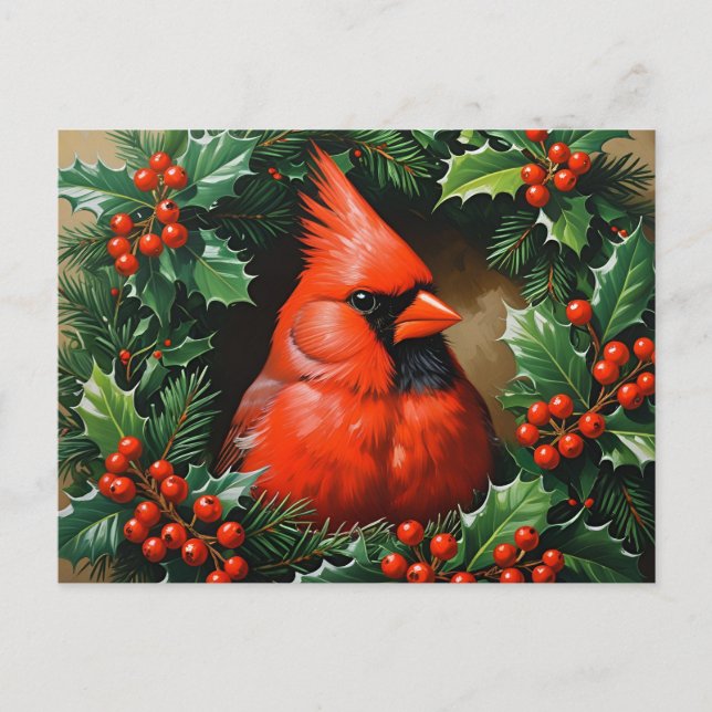 Christmas Red Cardinal and Holly Berry Wreath  Postcard (Front)