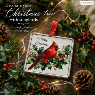 Christmas Red Cardinal and Holly Metal Tree Decoration