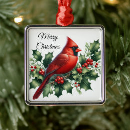 Christmas Red Cardinal and Holly Metal Tree Decoration