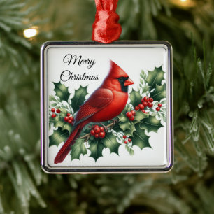 Christmas Red Cardinal and Holly Metal Tree Decoration