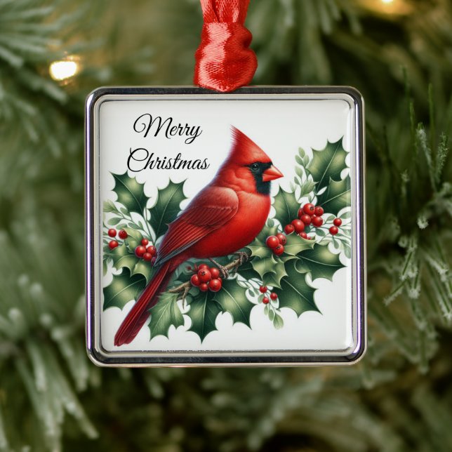 Christmas Red Cardinal and Holly  Metal Tree Decoration (Tree)