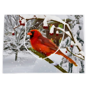 Christmas, Red Cardinal Bird and Snow Large Gift Bag