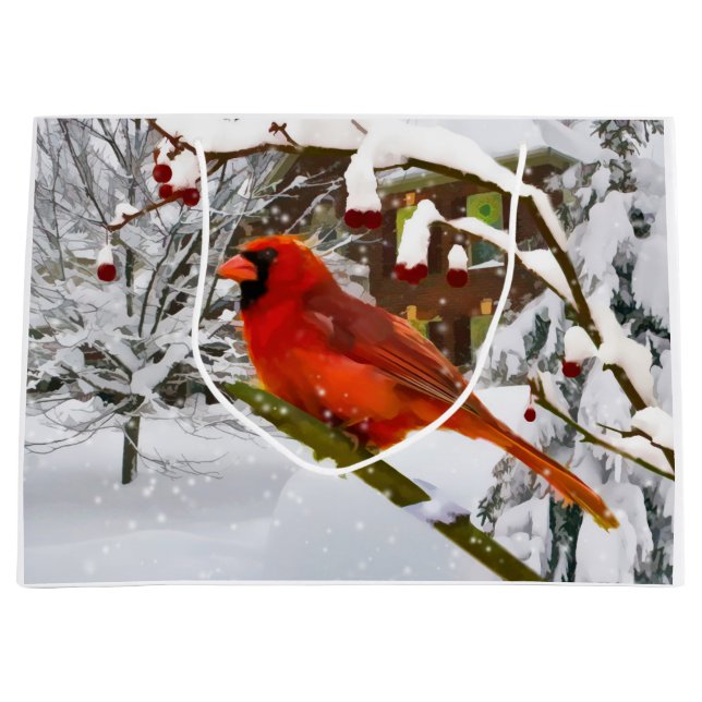 Christmas, Red Cardinal Bird and Snow Large Gift Bag (Front)