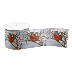 Christmas, Red Cardinal Bird and Snow Satin Ribbon