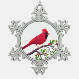 Christmas Red Cardinal Bird Snowflake Pewter Christmas Ornament