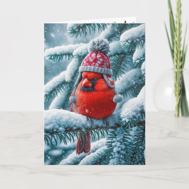 Christmas Red Cardinal Bird Wearing Winter Hat Holiday Card (Front)