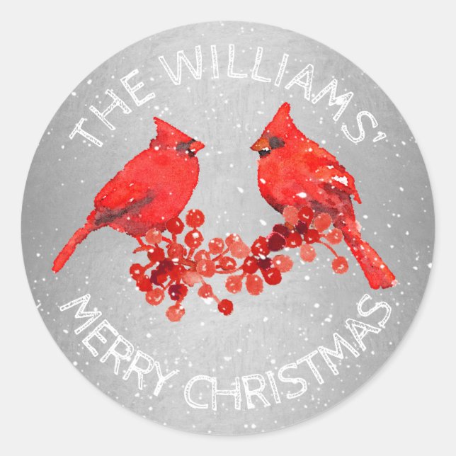 Christmas Red Cardinal Birds Faux Silver Classic Round Sticker (Front)