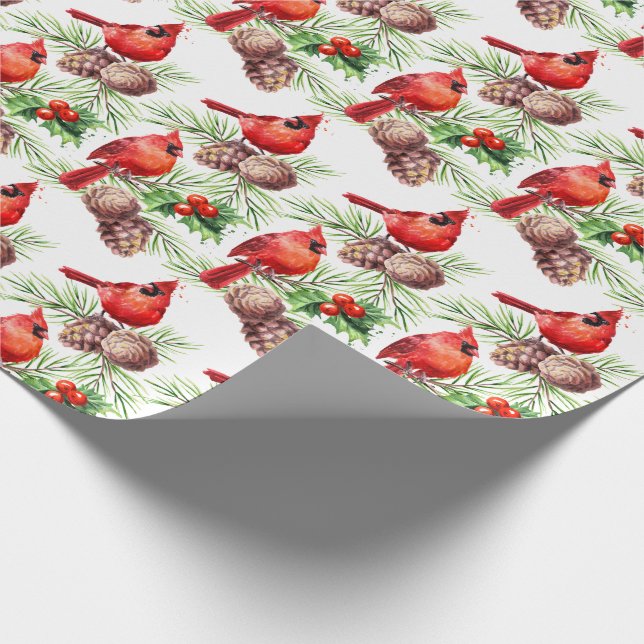 Christmas Red Cardinal Birds Holly Berry Branch Wrapping Paper (Corner)
