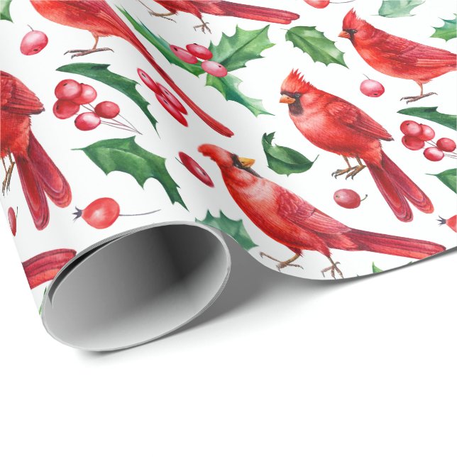 Christmas Red Cardinal Birds Holly Berry Brunch Wrapping Paper (Roll Corner)