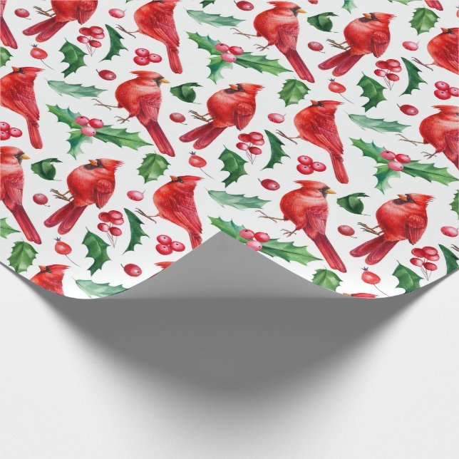 Christmas Red Cardinal Birds Holly Berry Brunch Wrapping Paper (Corner)