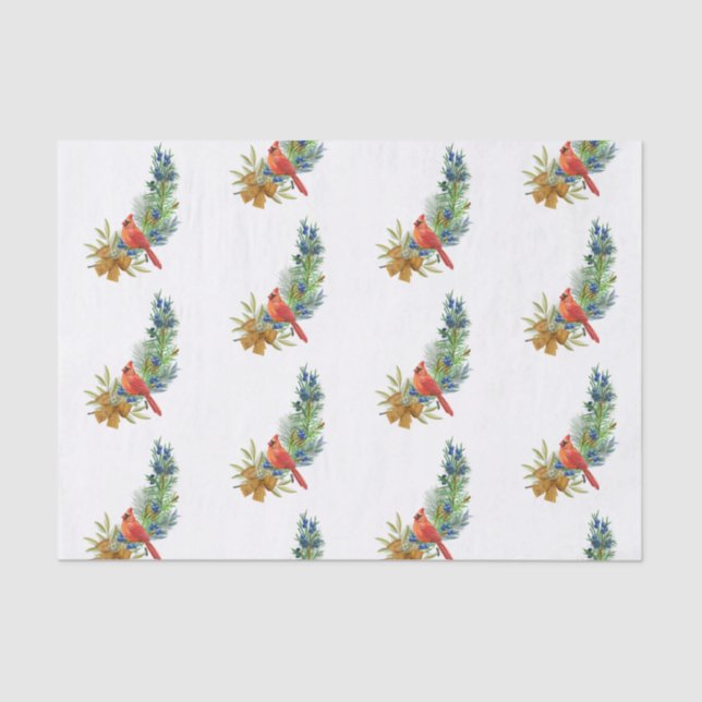 Christmas Red Cardinal Blue Berries Watercolor Tissue Paper (Front)