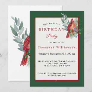 Christmas Red Cardinal Greenery Birthday Invitation