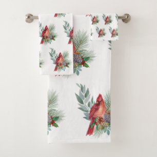 Christmas Red Cardinal Greenery Watercolor Bath Towel Set