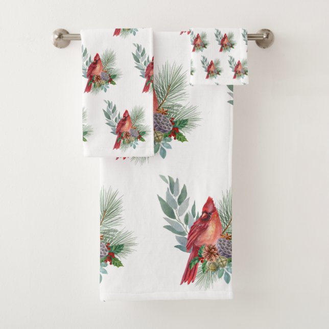 Christmas Red Cardinal Greenery Watercolor Bath Towel Set (Insitu)