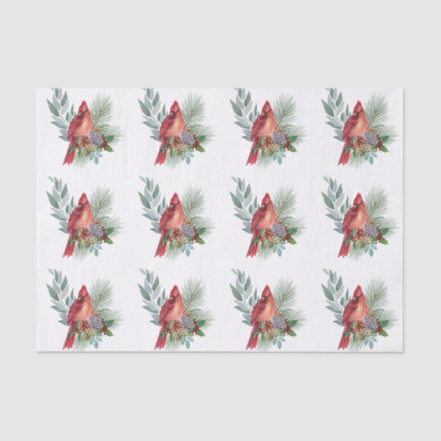 Christmas Red Cardinal Greenery Watercolor Tissue Paper (Front)