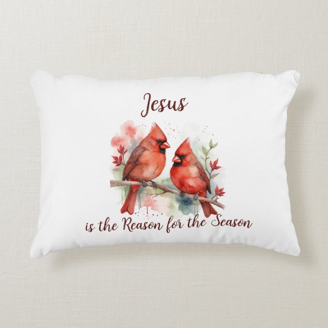 Christmas Red Cardinal Jesus Reason for Season Decorative Cushion (Front)