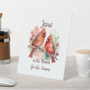 Christmas Red Cardinal Jesus Reason for Season Pedestal Sign