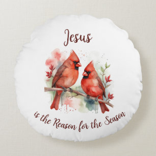 Christmas Red Cardinal Jesus Reason for Season Round Cushion