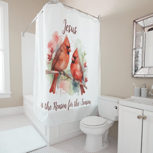 Christmas Red Cardinal Jesus Reason for Season Shower Curtain (In Situ)