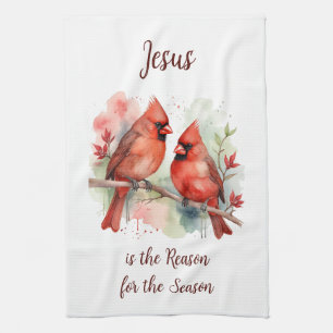 Christmas Red Cardinal Jesus Reason for Season Tea Towel