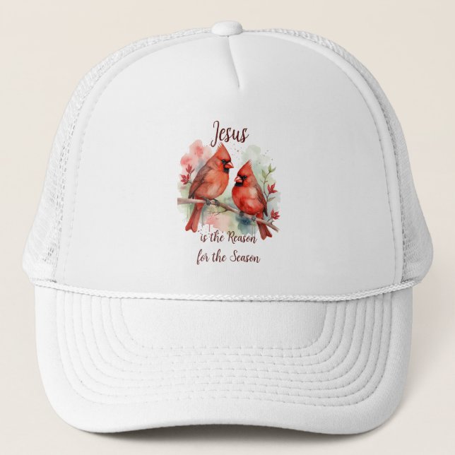 Christmas Red Cardinal Jesus Reason for Season Trucker Hat (Front)