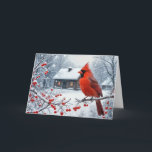 Christmas Red Cardinal On Berry Branch Card<br><div class="desc">A red cardinal perches on a snow-covered branch adorned with bright red berries and a rustic cosy cabin in the background
Text can be changed.</div>