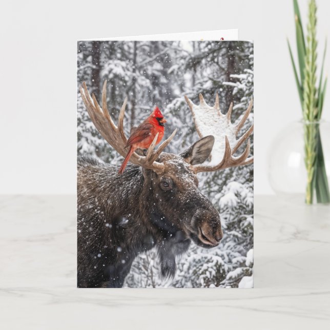 Christmas Red Cardinal On Snowy Moose Antlers Card (Front)