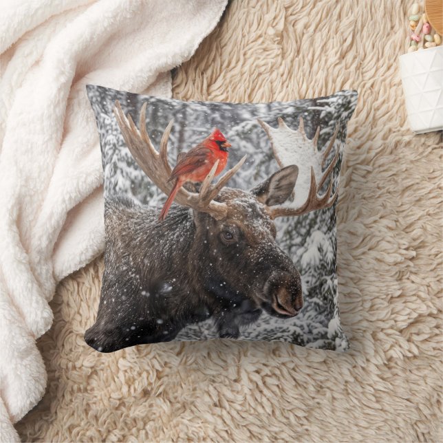 Christmas Red Cardinal On Snowy Moose Antlers Cushion (Blanket)