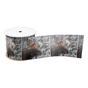 Christmas Red Cardinal On Snowy Moose Antlers Satin Ribbon